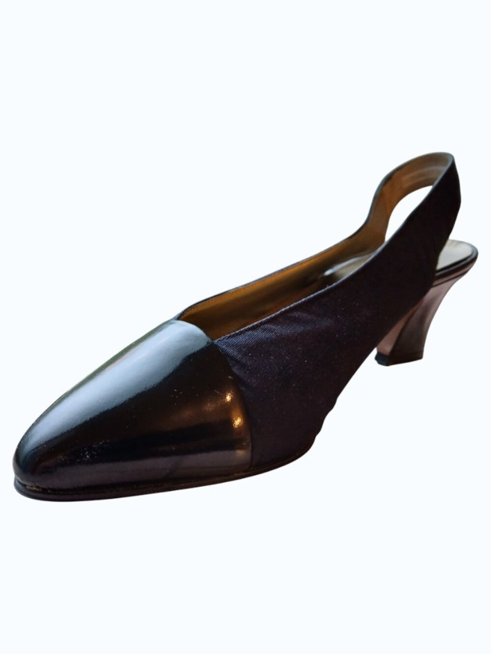 SESTO MEUCCI Black Fabric & Patent Leather Low Heel Pointy Toe Slingbacks